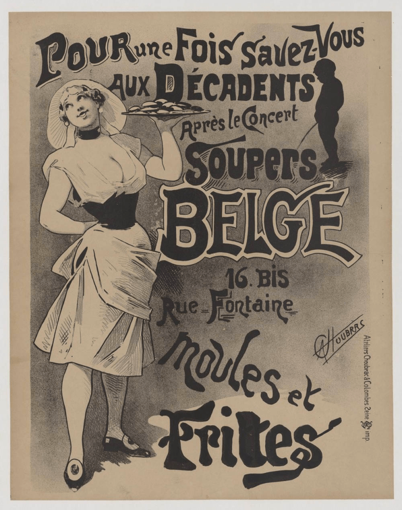 antiguo anuncio de oferta  de mejillones con papas fritas belgas