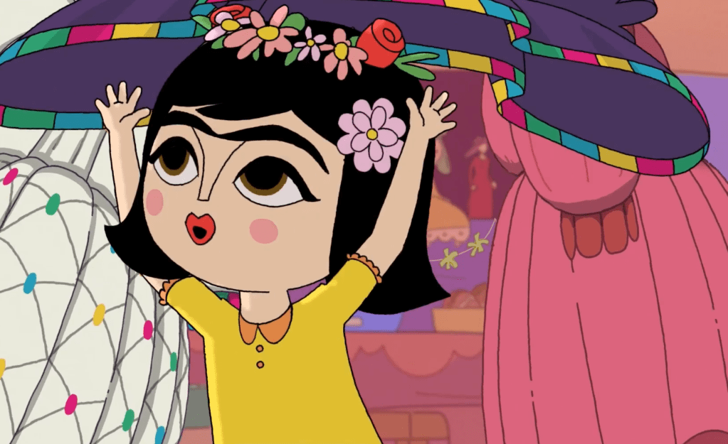 Personaje animado de Frida Kahlo niña con cabello negro, vestido amarillo y flores en la cabeza, celebrando con alegría en un ambiente colorido y festivo.
